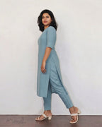 Frost Blue Self Design Cotton Kurta