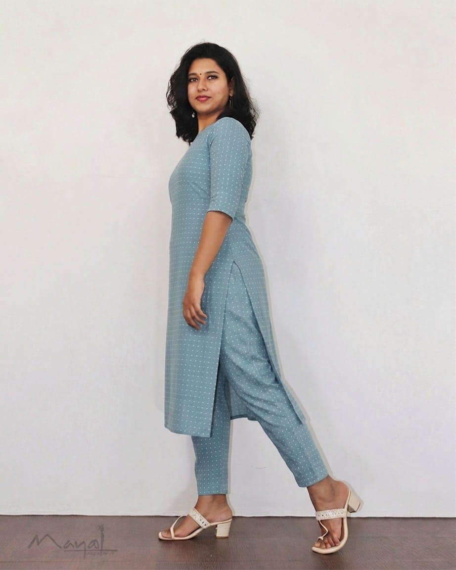 Frost Blue Self Design Cotton Kurta