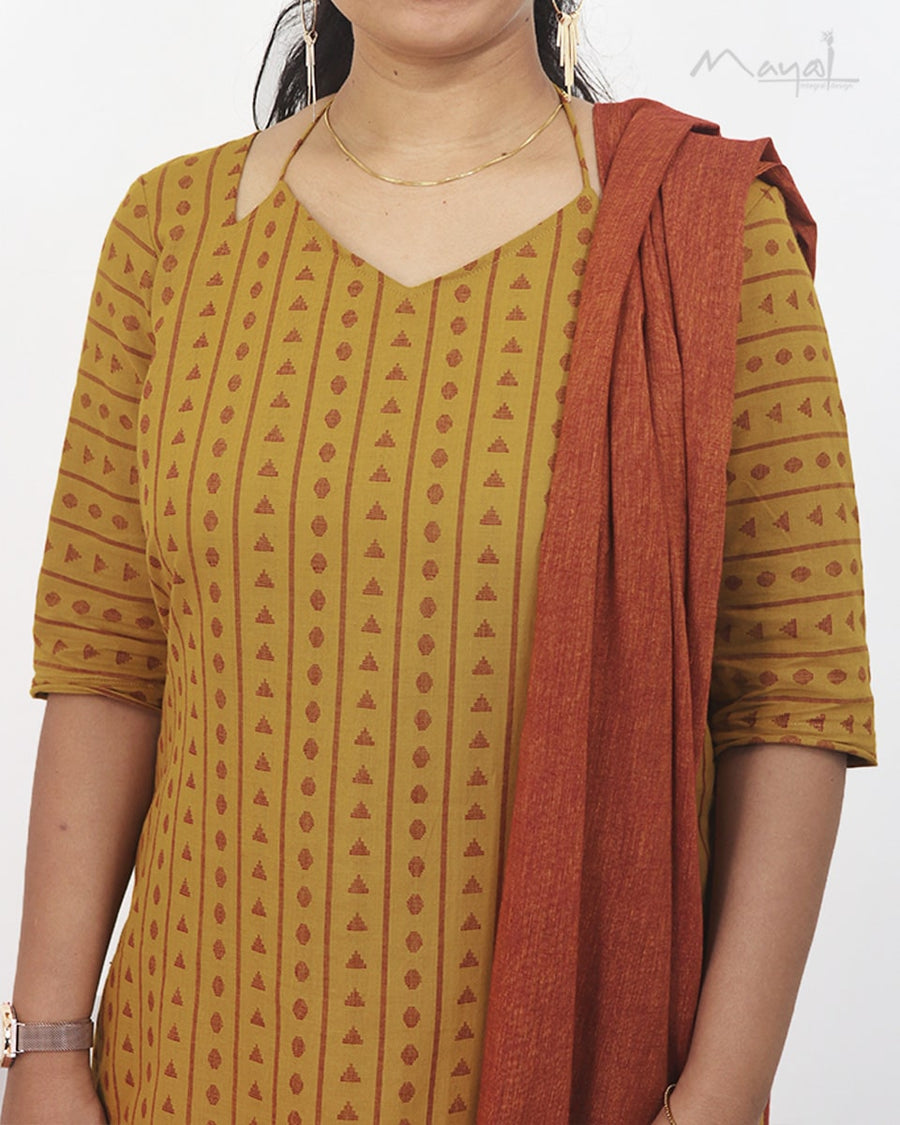 Mustard Yellow Jacquard Cotton Kurta