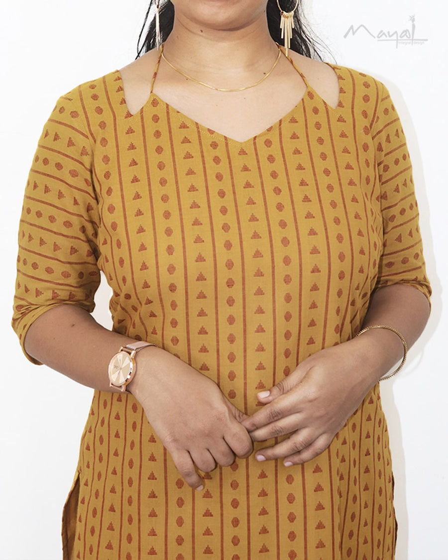 Mustard Yellow Jacquard Cotton Kurta