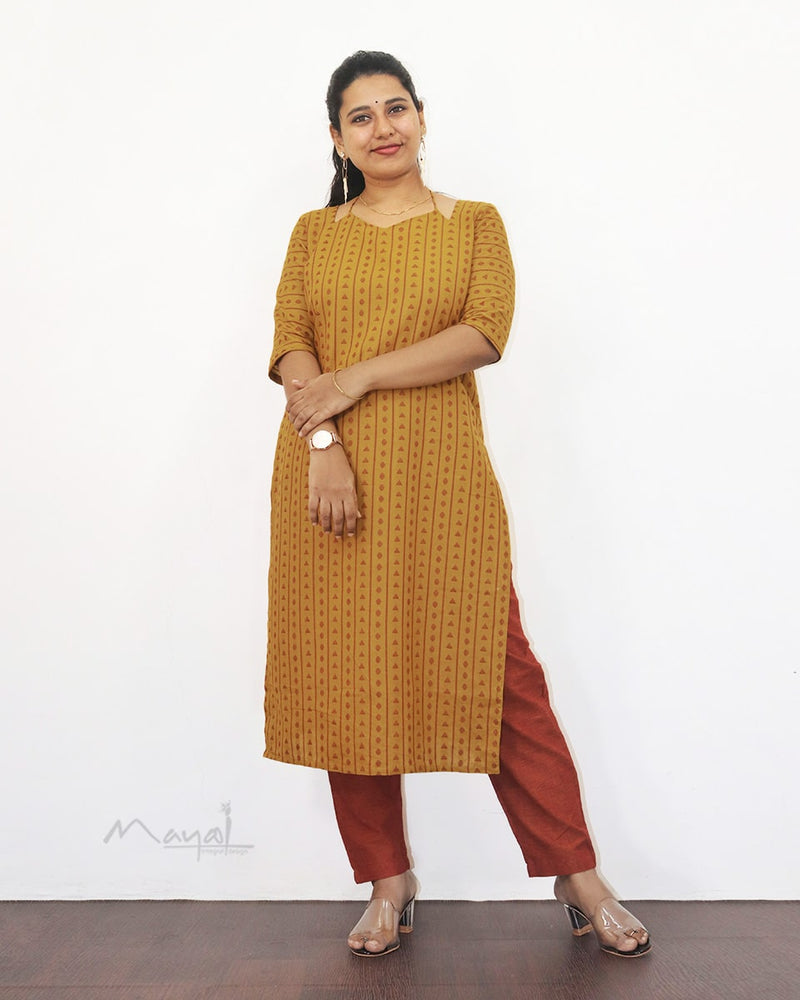 Mustard Yellow Jacquard Cotton Kurta