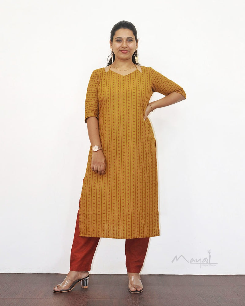 Mustard Yellow Jacquard Cotton Kurta