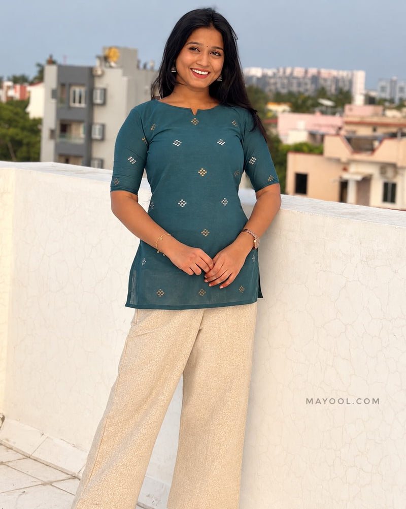 Grand Blue Jari Jacquard Cotton Short Kurta