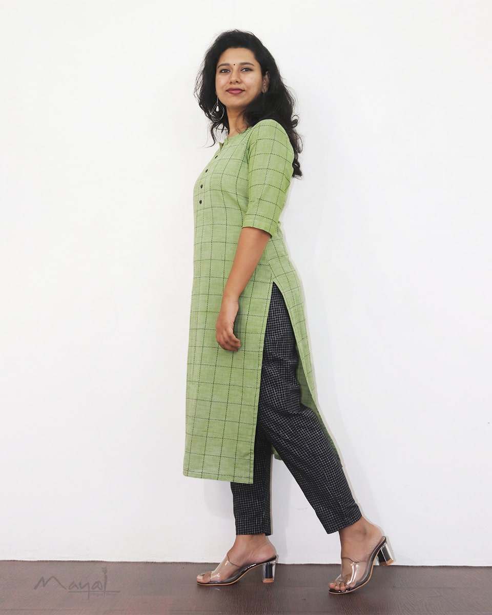 Green Checks Cotton Kurta