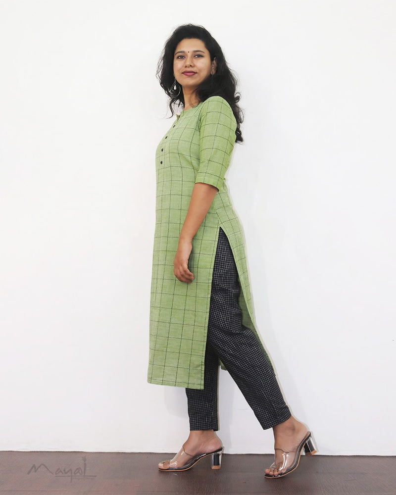Green Checks Cotton Kurta