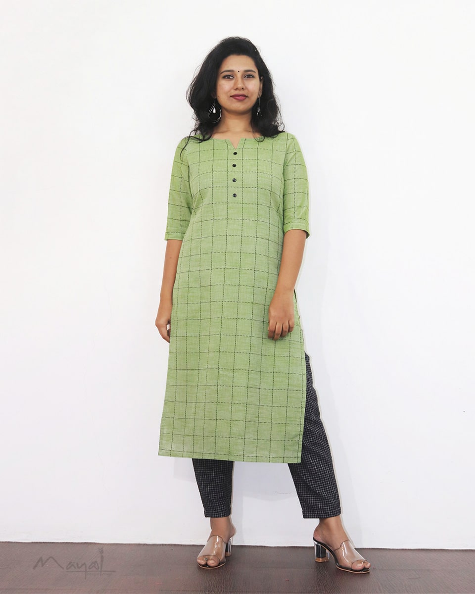 Green Checks Cotton Kurta