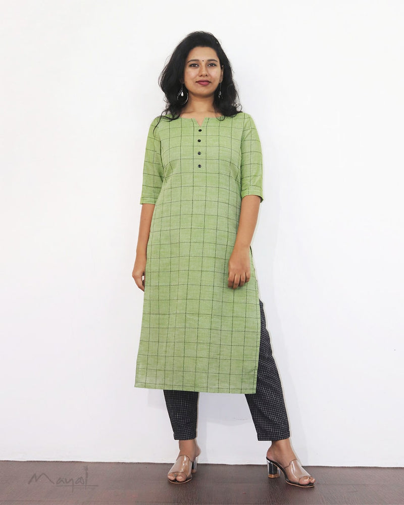 Green Checks Cotton Kurta