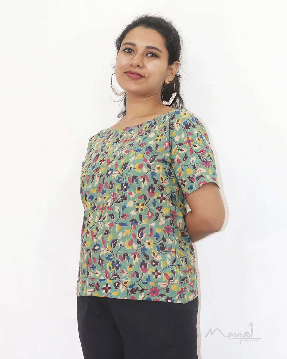 Green Multicolour Printed Cotton Short Top