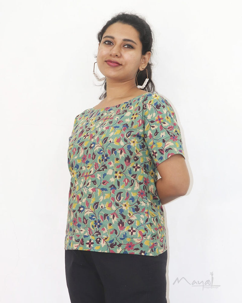 Green Multicolour Printed Cotton Short Top