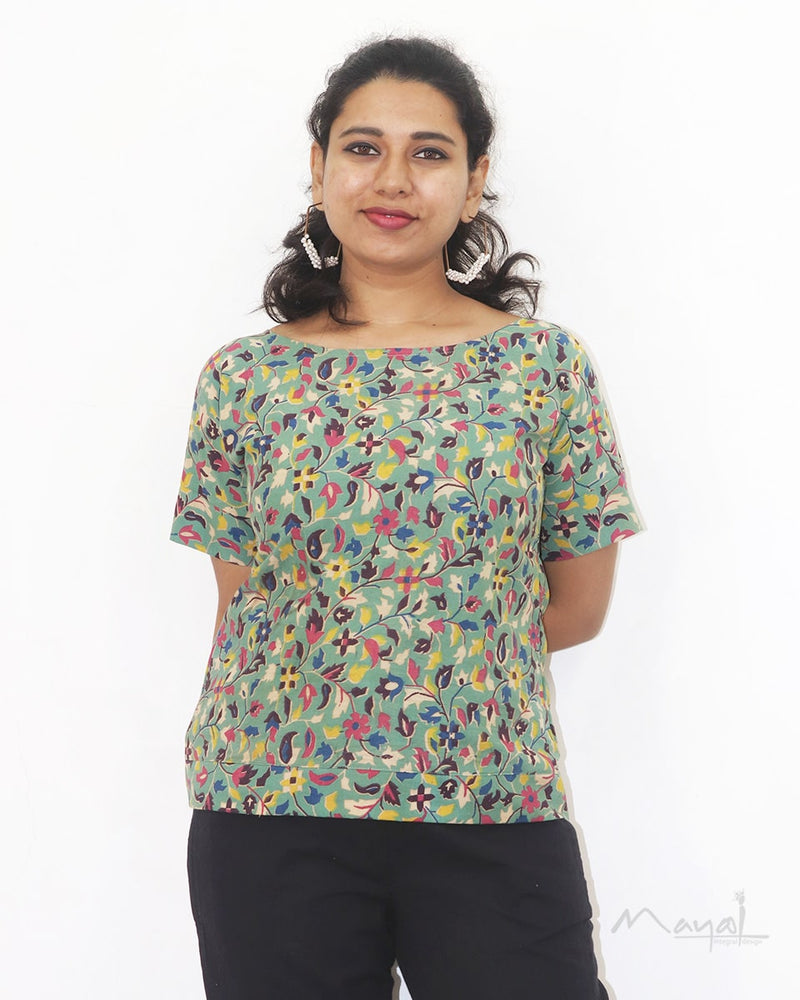 Green Multicolour Printed Cotton Short Top