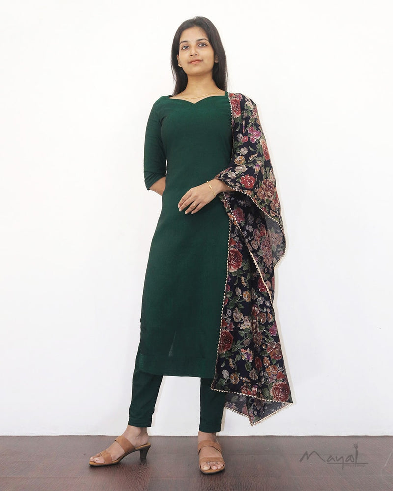 Green Solid Silk Cotton Kurta Set