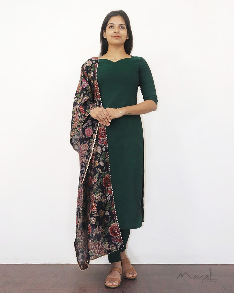 Green Solid Silk Cotton Kurta Set