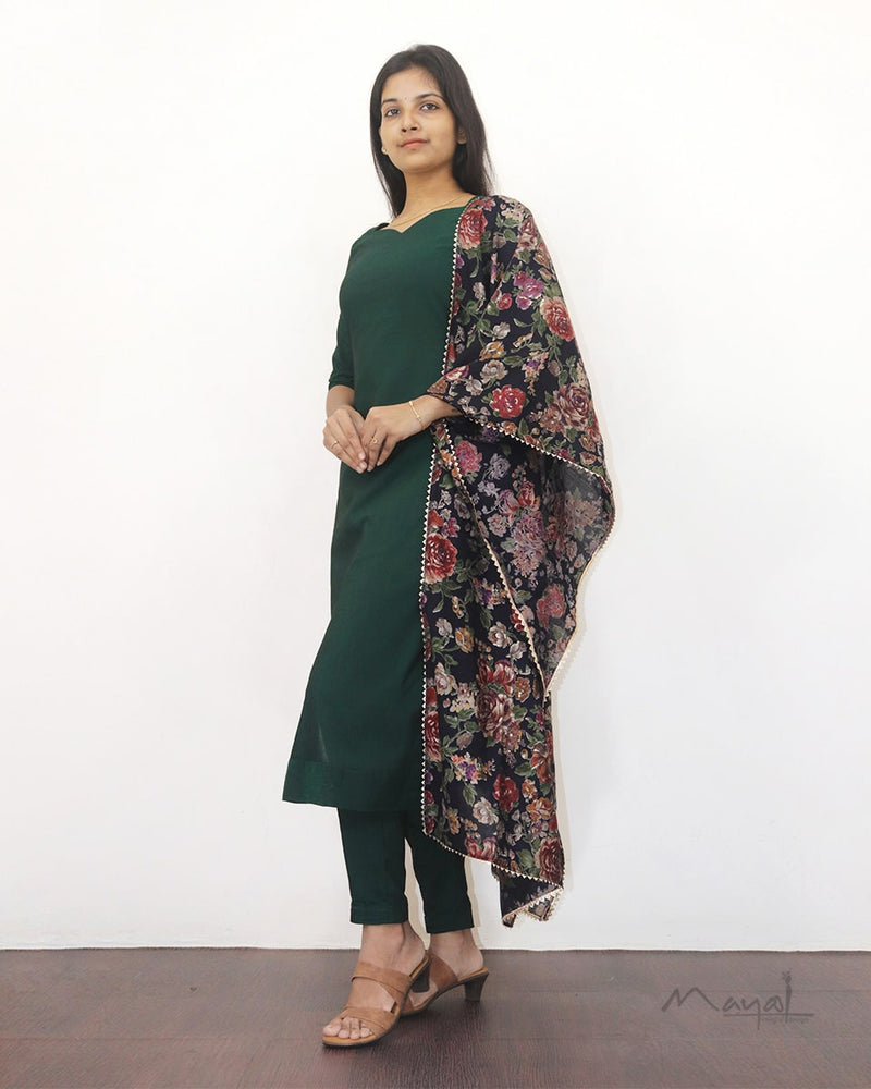 Green Solid Silk Cotton Kurta Set