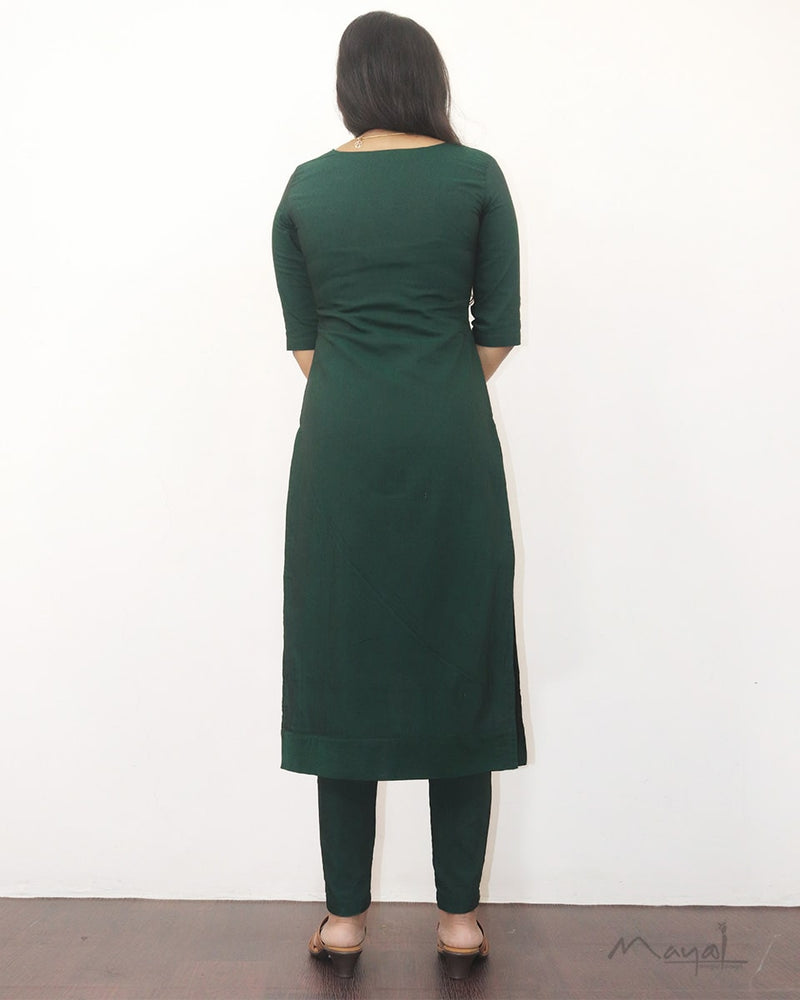 Green Solid Silk Cotton Kurta Set