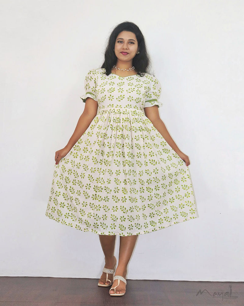 Green Batik Cotton Fit & Flare Dresses