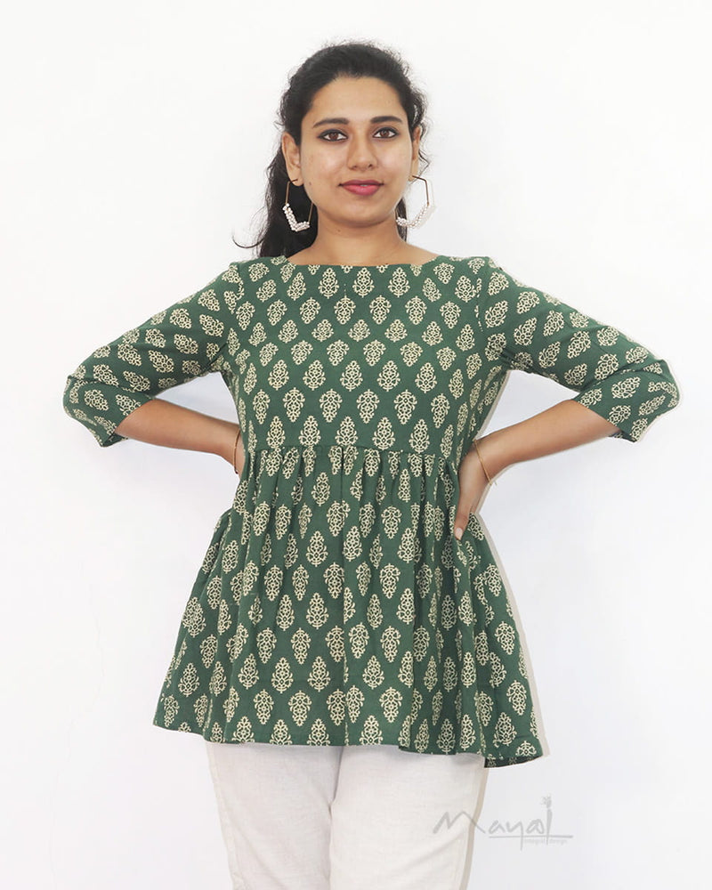 Green Printed Naira Cut Cotton Short Top