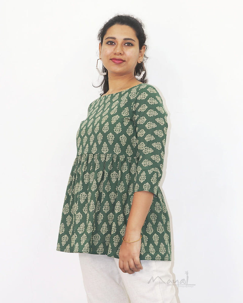 Green Printed Naira Cut Cotton Short Top