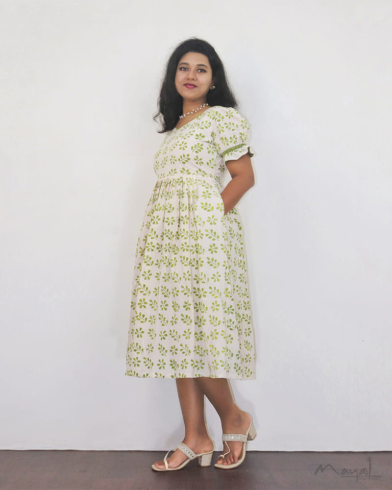 Green Batik Cotton Fit & Flare Dresses