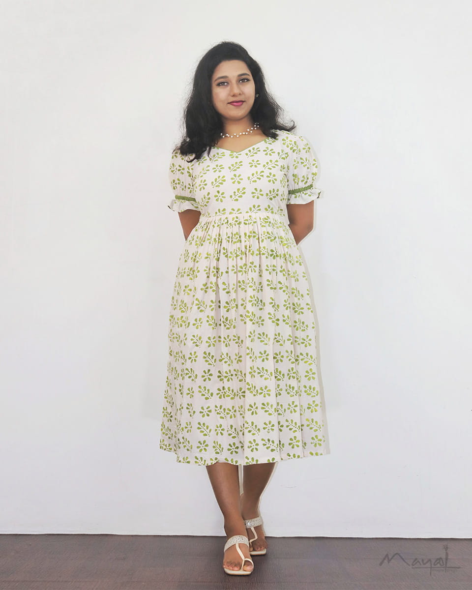 Green Batik Cotton Fit & Flare Dresses