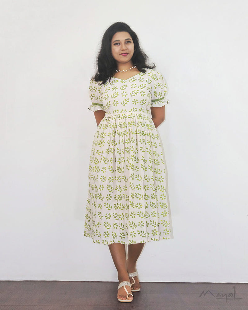 Green Batik Cotton Fit & Flare Dresses