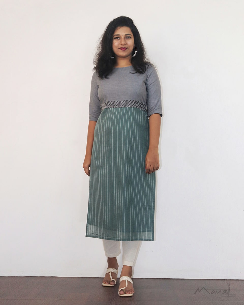 Grey Blue Patchwork Cotton Kurta