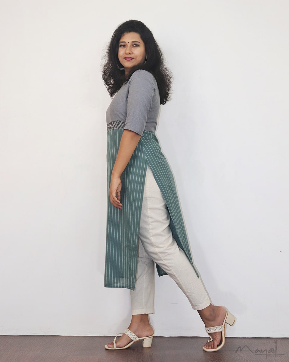 Grey Blue Patchwork Cotton Kurta