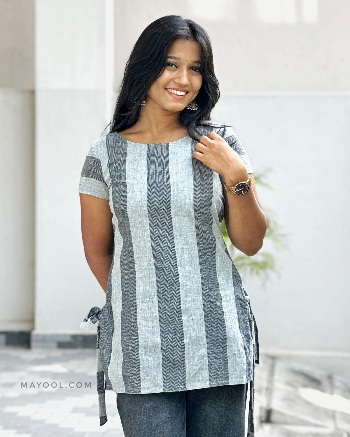 Grey Stripe Cotton Short Kurta