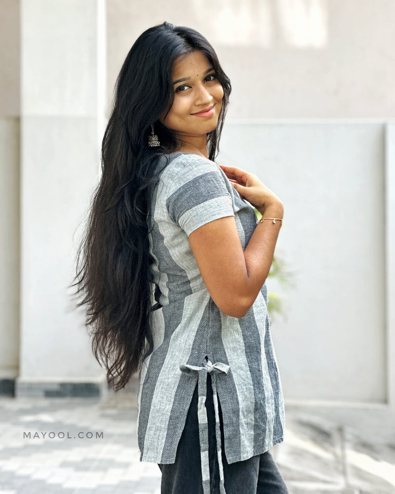 Grey Stripe Cotton Short Kurta