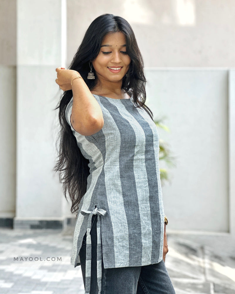 Grey Stripe Cotton Short Kurta