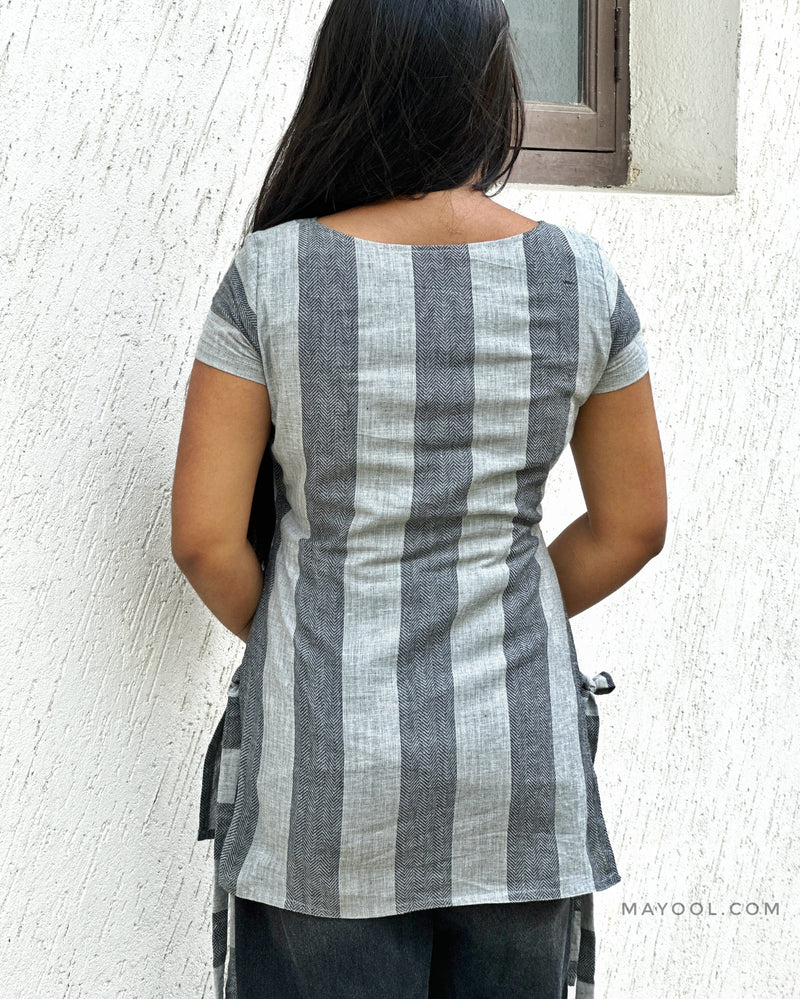 Grey Stripe Cotton Short Kurta