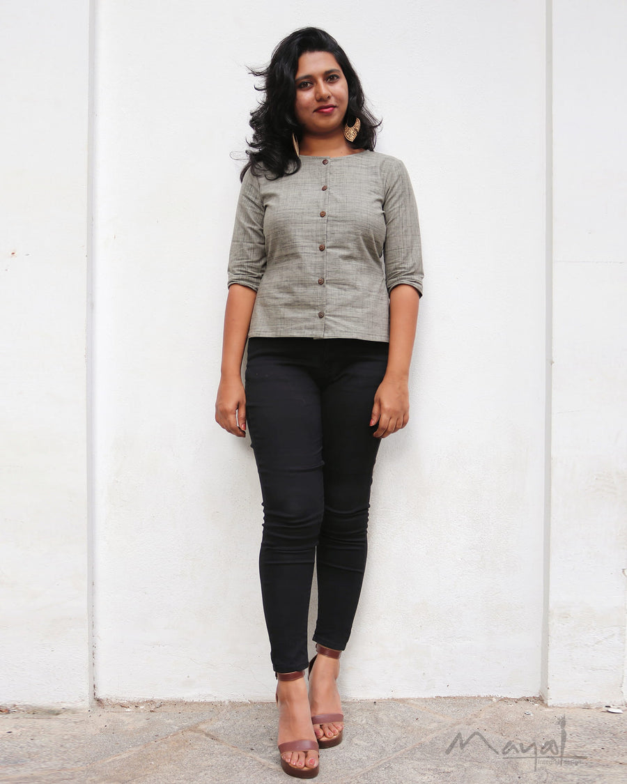 Smoke Grey Front Button Short Top