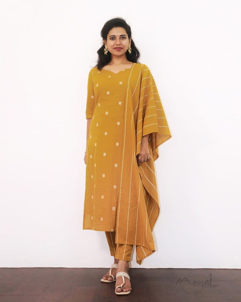 Honey Mustard Cotton Kurta With Dupatta