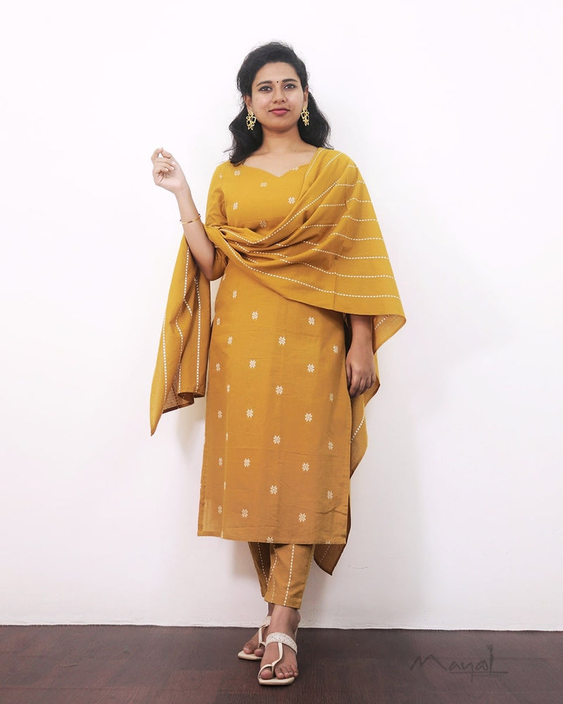 Honey Mustard Cotton Kurta With Dupatta