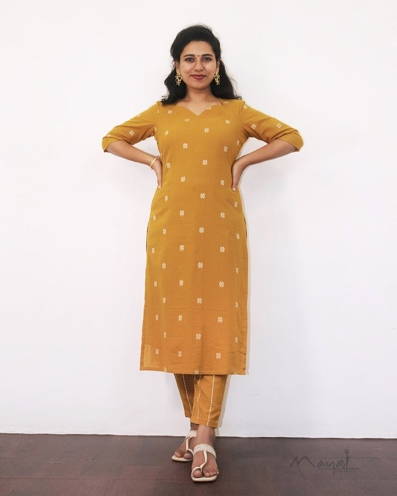 Honey Mustard Cotton Kurta With Dupatta
