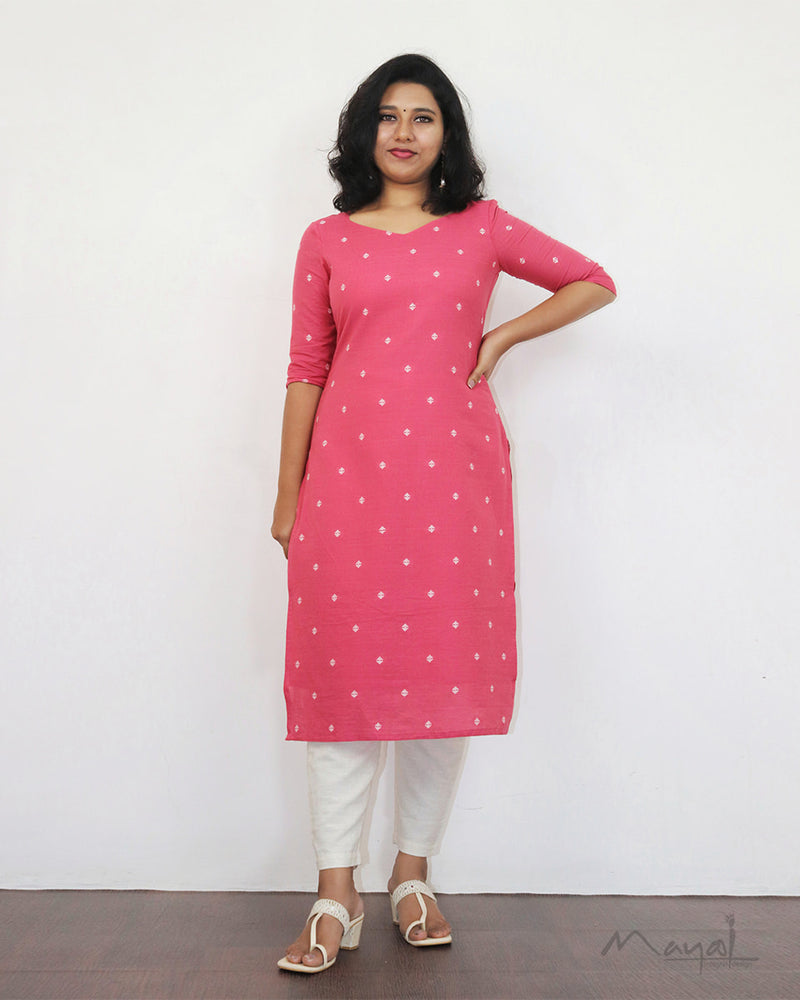 Hot Pink Self Design Cotton Kurta