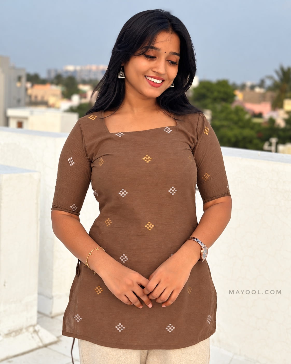 Husk Brown Jari Jacquard Cotton Short Kurta