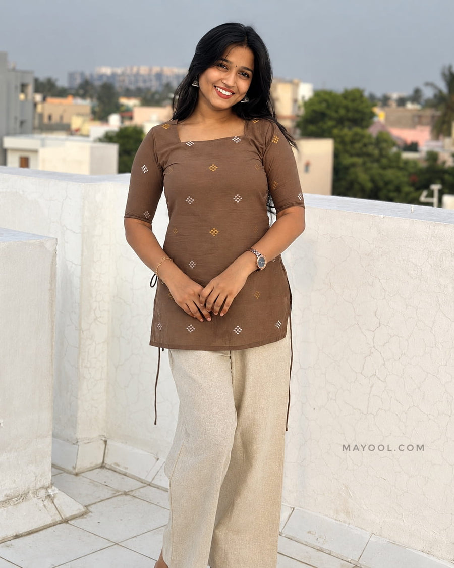 Husk Brown Jari Jacquard Cotton Short Kurta