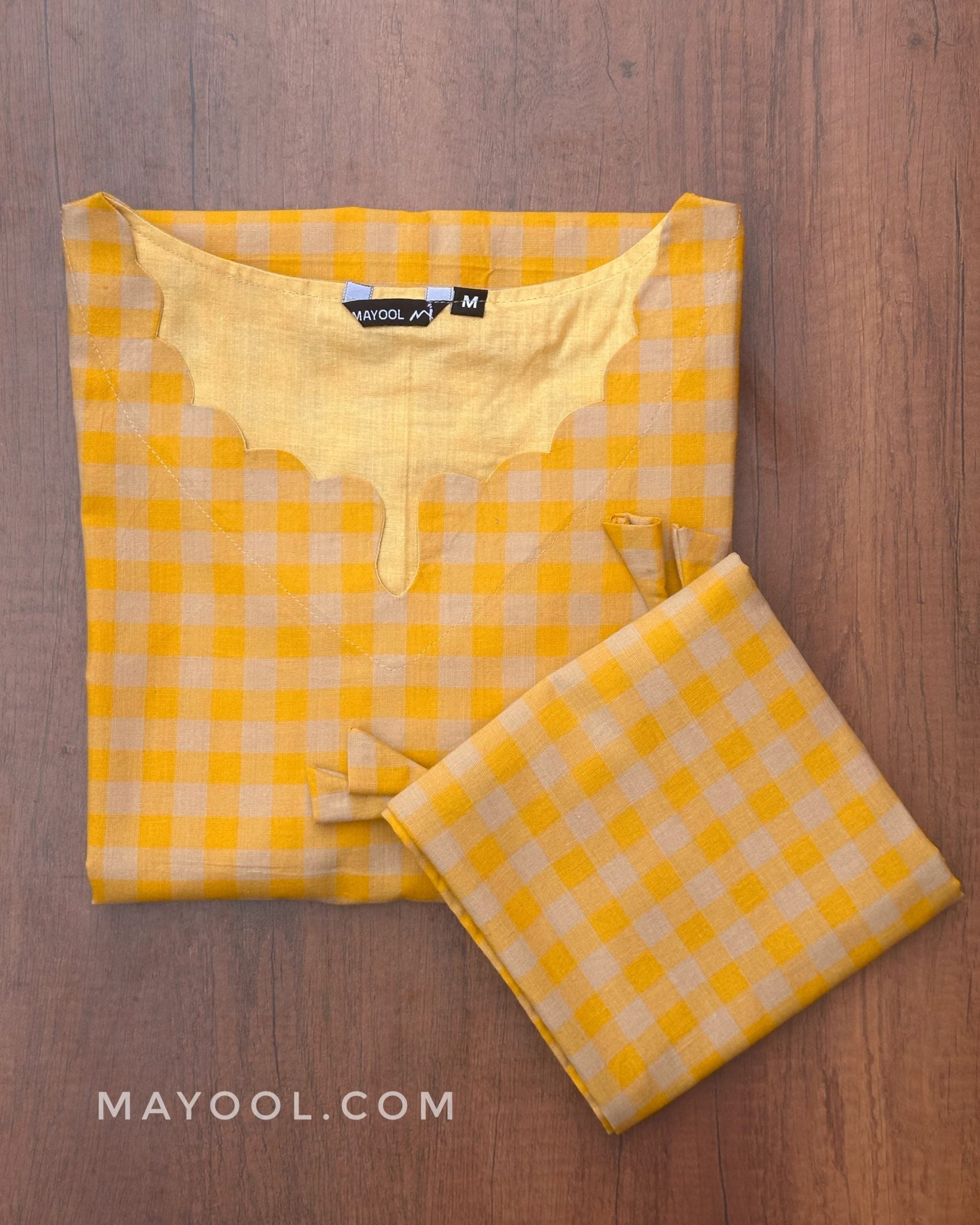 Yellow Checks Cotton Kurta