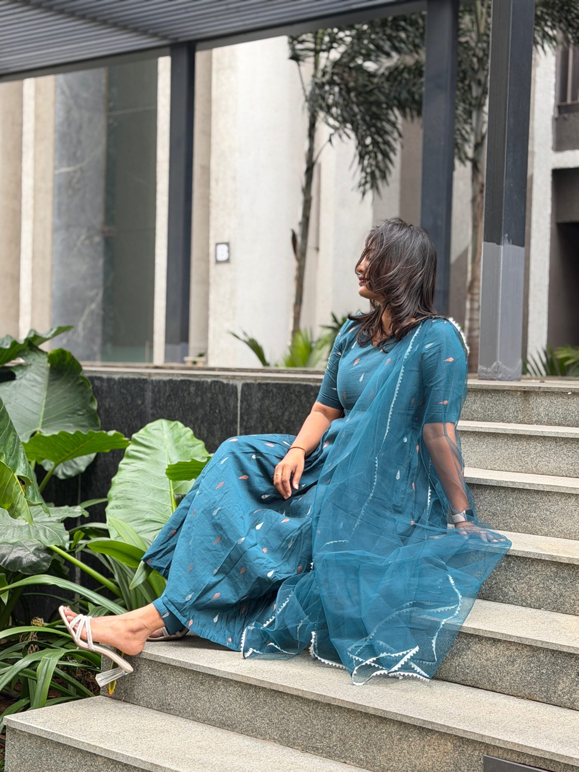 Peacock Blue Silk Cotton Anarkali Dresses