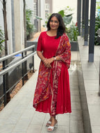 Red Solid Silk Cotton Anarkali Dresses
