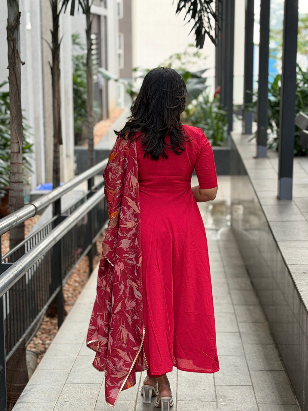 Red Solid Silk Cotton Anarkali Dresses