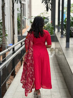 Red Solid Silk Cotton Anarkali Dresses