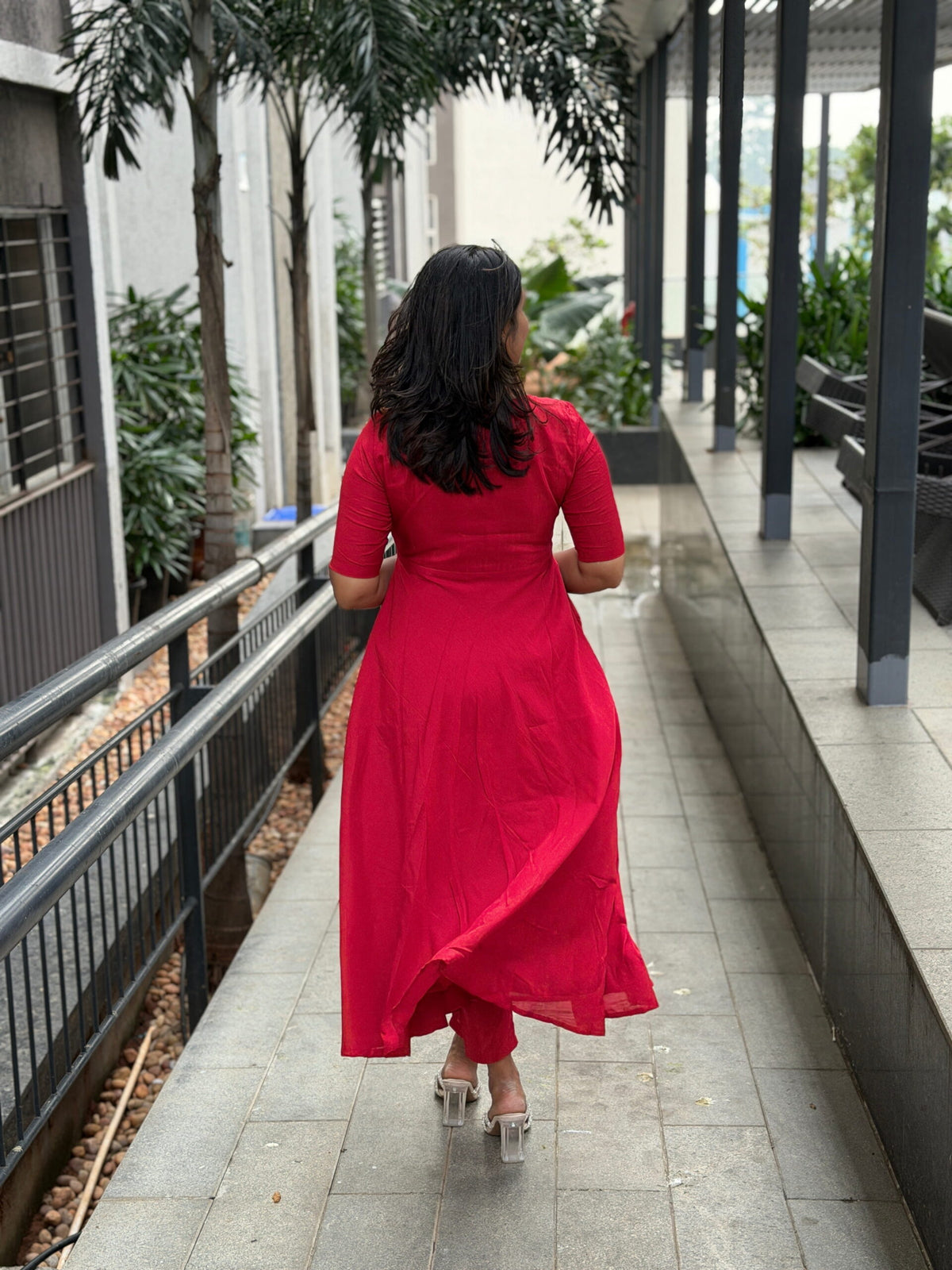 Red Solid Silk Cotton Anarkali Dresses