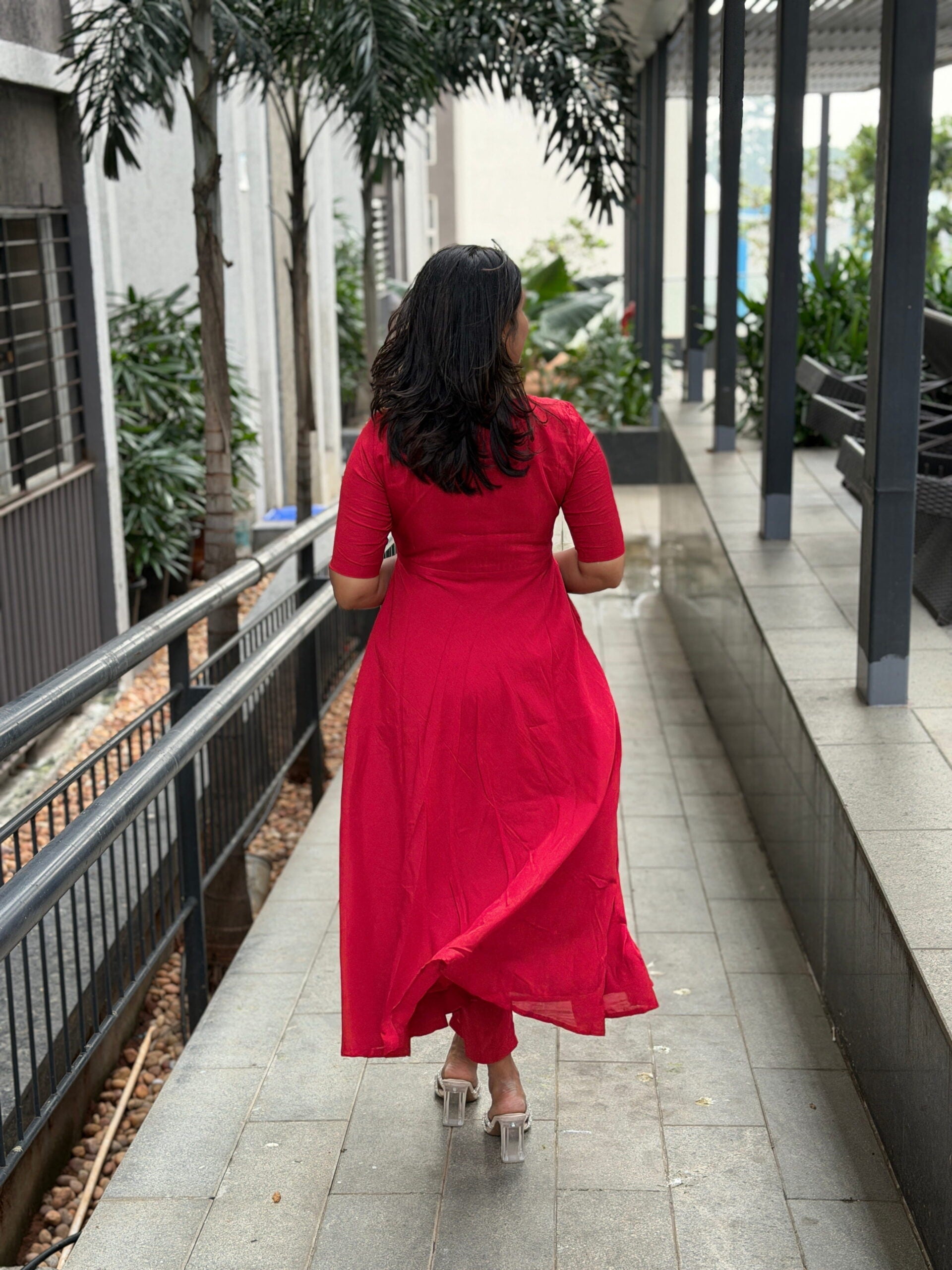 Red Solid Silk Cotton Anarkali Dresses