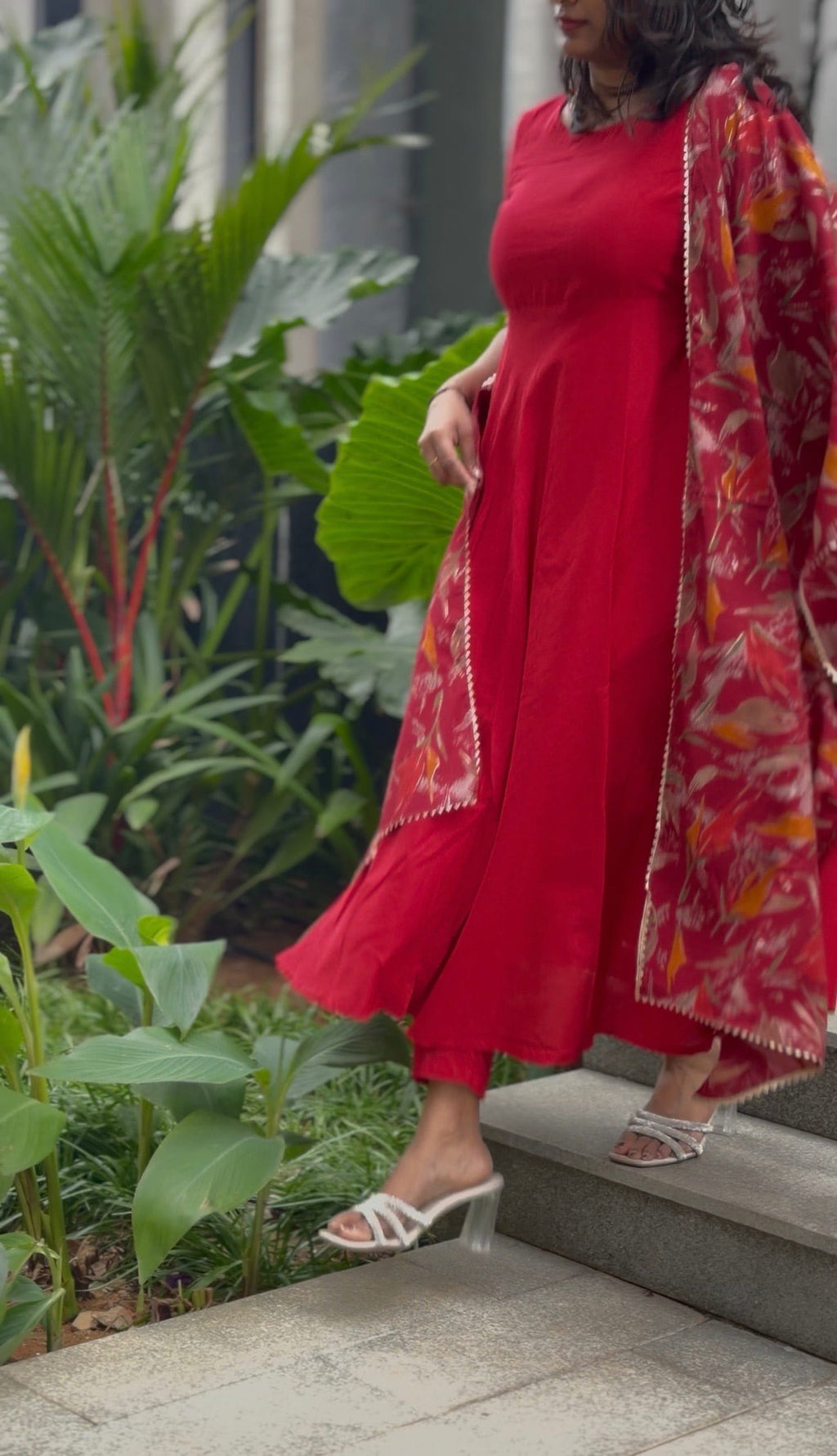 Red Solid Silk Cotton Anarkali Dresses