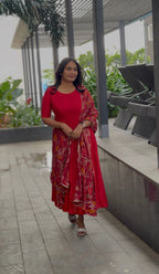 Red Solid Silk Cotton Anarkali Dresses