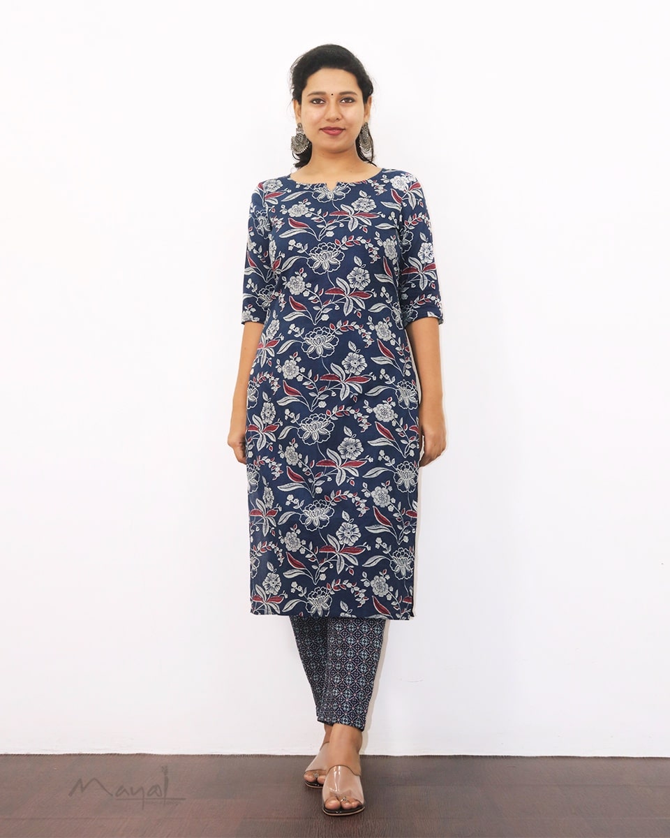 Classic Blue Printed Cotton Kurta