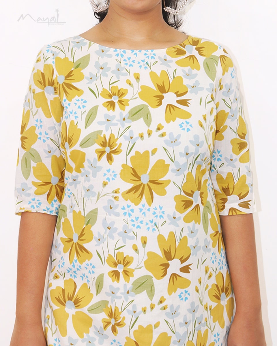 Saffron Yellow Floral Printed Kurta