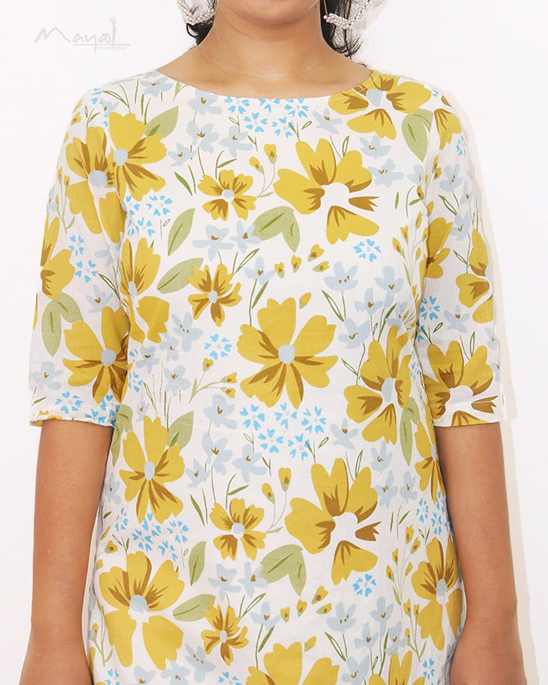 Saffron Yellow Floral Printed Kurta