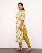 Saffron Yellow Floral Printed Kurta